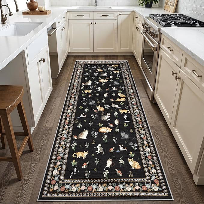 2x5 Washable Kitchen Runner Rug - Soft Low Pile Floral Animal Cat Print Rugs with Non-Slip Backing Waterproof Stain-Resistant Indoor Carpet for Hallway Entryway Bathroom Bedroom (Black)