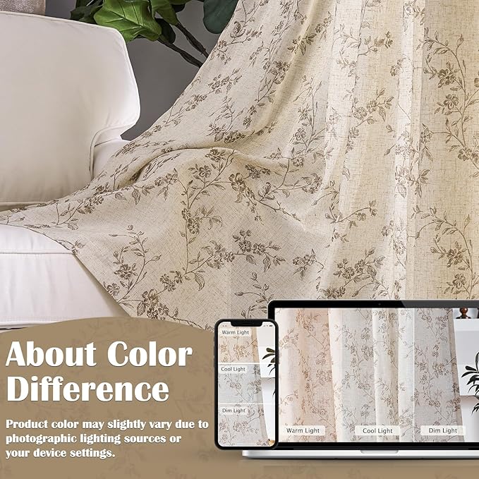 "Lazzzy Farmhouse Polyester blended Curtains Taupe Floral Curtains 96 Inch Length Back Tab Drapes for Living Room Bedroom Light Filtering Country Vintage Rod Pocket Curtain, 2 Panels, Taupe on Beige