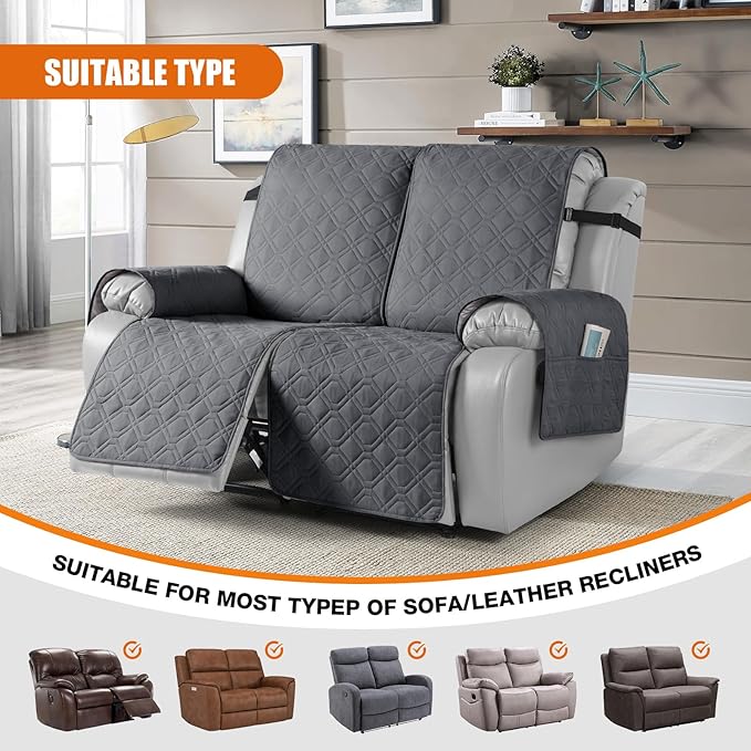 VANSOFY Waterproof Recliner Couch Covers, Sofa Covers 1-Piece Washable Reclining Sofa Cover Non-Slip Furniture Protector with Elastic Straps Pocket for Dogs, Pets(Dark Gray,Oversized 2 Seater)