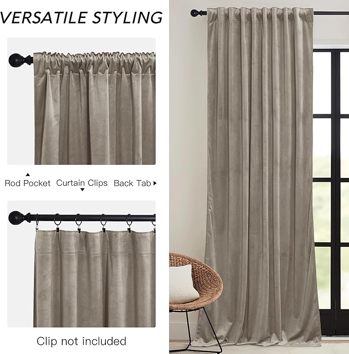 RYB HOME Taupe Velvet Curtains with Hook Tape, Back Tab Thermal Insulated Privacy Protect Decorative Drapes for Bedroom Home Office, W 52 x L 90 inches, 2 Panels Set
