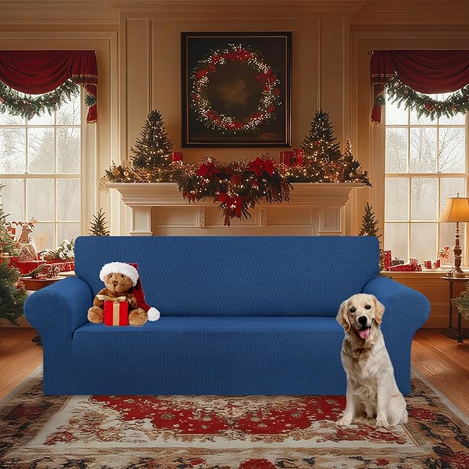 KEKUOU Stretch Oversized Sofa Slipcover 1 Piece Couch Sofa Cover (94"-110") Furniture Protector 4 Seater Sofa with Elastic Bottom for Kids,Pet.Jacquard Checked Pattern Fabric(X Large,Classic Blue)