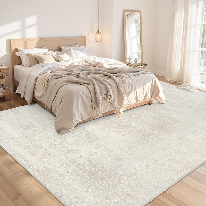 8x10 Area Rugs for Living Room: Vintage Boho Neutral Washable Rug Indoor Soft Large Area Rug Carpet for Bedroom Nursery Farmhouse Dining Room Office Floor Non-Slip Low Pile Under Table Rug Cream Beige