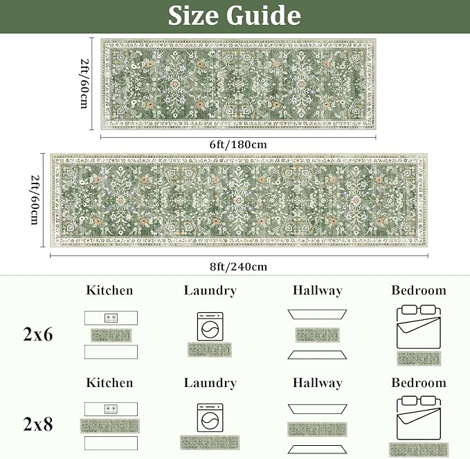 Yamaziot Washable Runner Rug 2x12 – Floral Non Slip Boho Hallway Runner Rug with Rubber Backing, Low Pile Faux Wool Distressed Carpet for Kitchen, Laundry, Bedroom, Entrance, Green