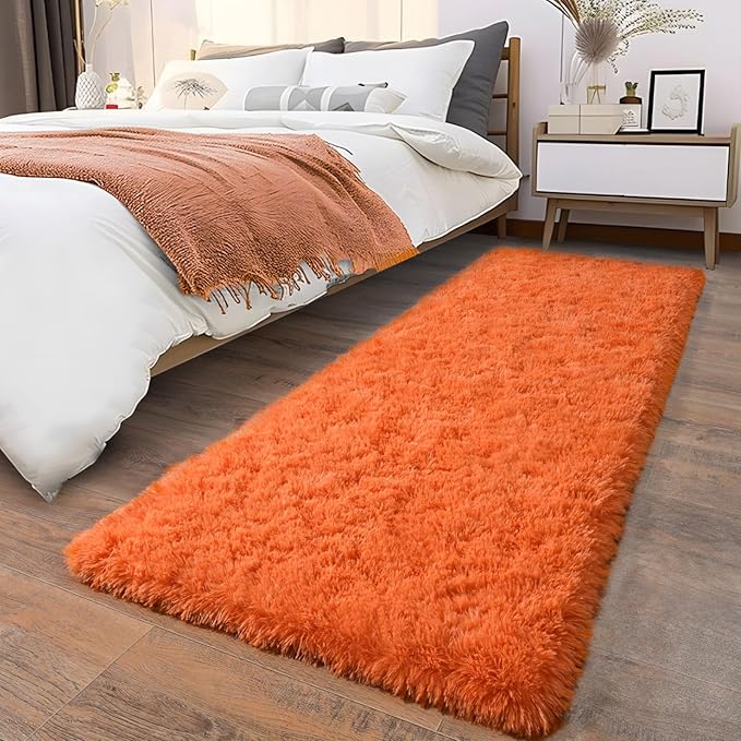 Soft Runner Rugs for Bedroom Hallways, 2x5 Orange Fluffy Shag Throw Area Rug Non Slip for Bedside Dorm, Long Shaggy Furry Carpet for Nursery Living Room