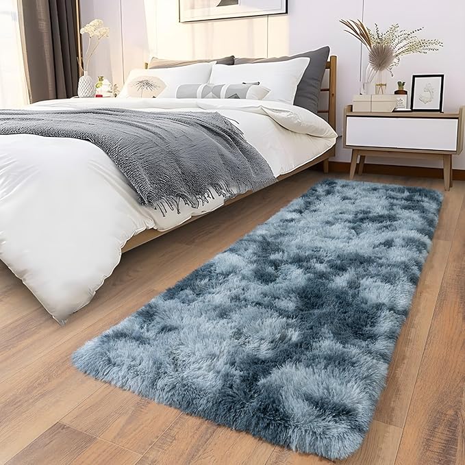 Soft Runner Rugs for Bedroom Hallways, 2x5 Tie-Dyed Blue Grey Fluffy Shag Throw Area Rug Non Slip for Bedside Dorm, Long Shaggy Furry Carpet for Nursery Living Room