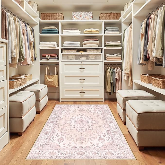 RELEANY Area Rugs 3'x5' Washable Non-Slip, Floral Vintage Distress Print Pattern Medallion Carpet for Living Room Bedroom Dining Room, Pink Greypink Cute