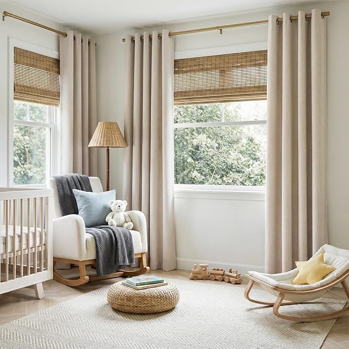 100% Blackout Shield Linen Blackout Curtains for Bedroom, Oatmeal Grommet Curtains for Living Room, Thermal Insulated Room Darkening Drapes for Nursery, Boho Home Decor, 50" W x 96" L, 2 Panels