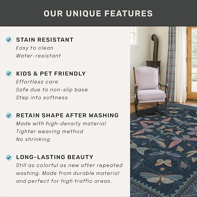 Dark Blue 2x3 Small Rugs for Bathroom Non Slip, Washable Vintage Boho Insect Rug for Kitchen Floor, Entryway Indoor, Powder Room, House Decor Aesthetic, Low Pile Non Slip Carpet