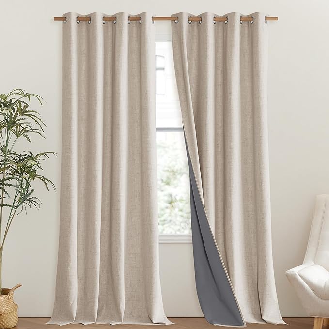 NICETOWN 100% Blackout Cream Linen Curtains 95 inches Length for Dining Room, 2 Panels Set, 52" Wide, Farmhouse Style Room Cooling Window Draperies with Thermal Insulated Liners