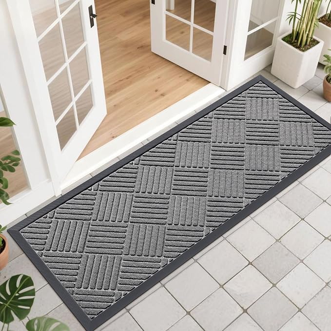 OLANLY Front Door Mat Outside Entrance 47x17, Absorbent, Heavy Duty Sturdy Natural Rubber Doormat Indoor Outdoor, Stain and Fade Resistant, Non-Slip Low Profile Floor Mat for Entryway, Grey Diamond