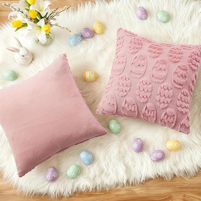 decorUhome Easter Pink Egg Pillow Covers 18x18 Inch Set of 2, Soft Plush Faux Wool Jacquard Cushion Covers, Farmhouse Neutral Fuzzy Spring Easter Holiday Decor for Couch Sofa Bed