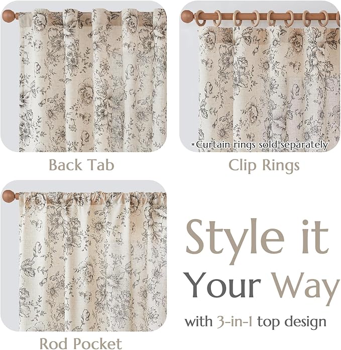 jinchan Floral Linen Lined Curtains for Living Room 84 Inches Long Farmhouse Printed Back Tab Drapes French Country Black Peony Patterned Bedroom Window Curtains Set 2 Panels