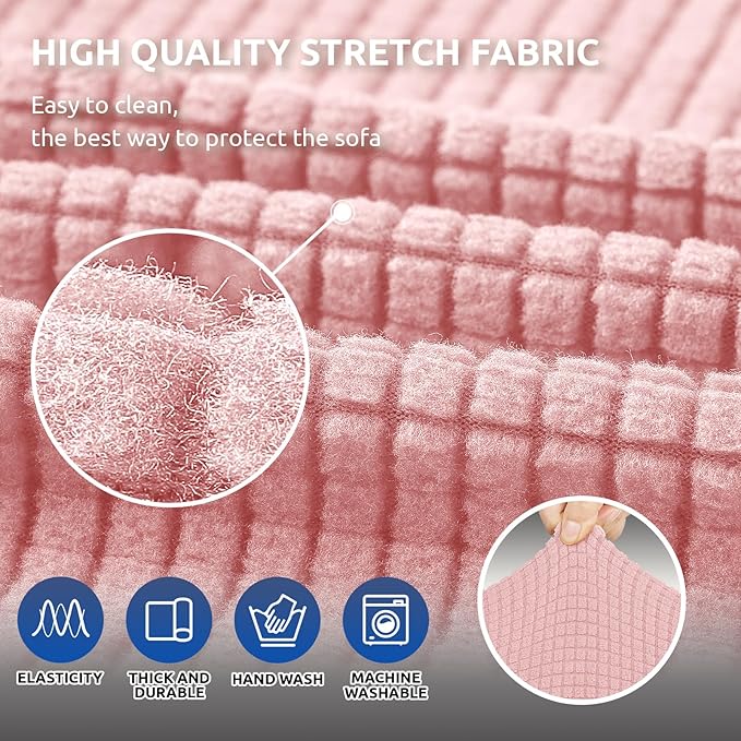 KEKUOU Stretch Sofa Cover Slipcover ，Couch Covers for 3 Cushion Couch Sofa pet Friendly (78"-94") Furniture Protector Sofa with Elastic Bottom for Kids,Dog, Jacquard Small Checked(Large,Dusty Pink)