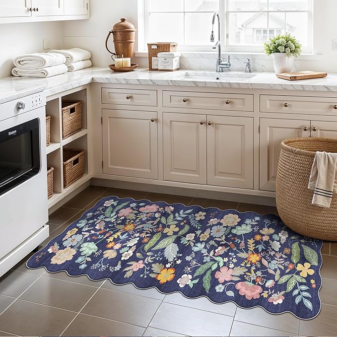 2x5 Washable Hallway Runner Rug: Stain Resistant Floral Scalloped Kitchen Rug Farmhouse Soft Carpet for Bathroom Bedroom Laudry Entryway Floor Mat with Non Slip Backing Cute Home Decor(2x5,Purple)