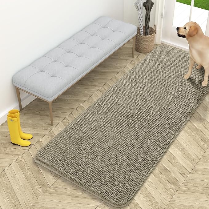 OLANLY Dog Door Mat for Muddy Paws 59x24, Absorbs Moisture and Dirt, Absorbent Non-Slip Washable Doormat, Quick Dry Chenille Mud Mat, Entry Indoor Entryway Carpet for Inside Floor, Warm Taupe