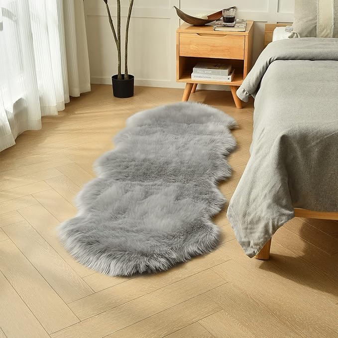 duduta Grey Faux Sheepskin Runner Rugs 2x6 ft, Fluffy Shag Bedroom Rug Decor Fur Couch Sofa Covers Washable