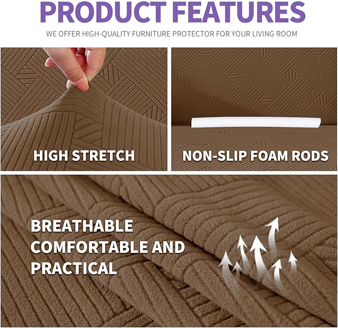 ZNSAYOTX Super Stretch Sofa Cover (72"-92"), New Striped Sofa Covers Fitted Slipcovers with Elastic Bottom, Dog Cat Pets Proof Spandex Washable Fabric Comfortable & Durable (Light Coffee, Sofa)