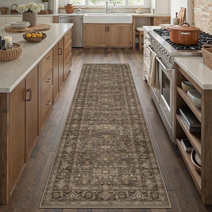 2x12 Washable Runner Rug for Hallway Kitchen Vintage Brown Non Slip Low Pile Carpet Traditional Retro Soft Throw Rug for Bathroom Bedroom Entryway Indoor Entrance