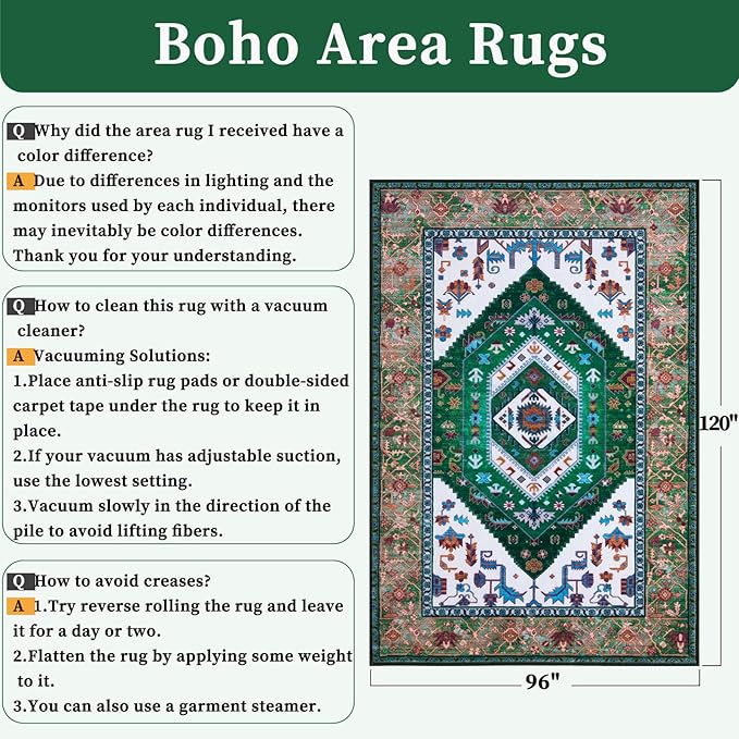 SERISSA Washable Rugs 8x10 Area Rugs, Large Non-Slip Boho Living Room Rug, Ultra Soft Oriental Vintage Green White Print Distressed Carpet for Dining Room Bedroom Dorm Office Home Decor