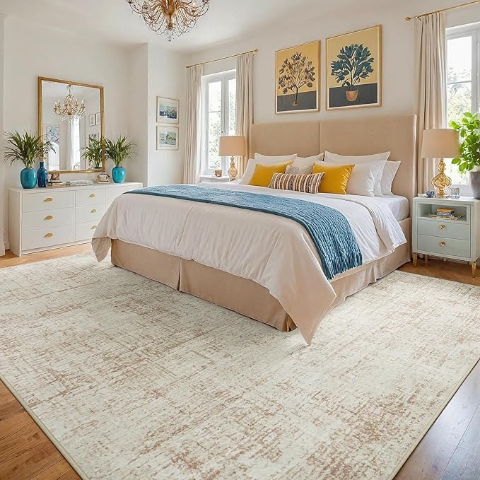 10x14 Area Rugs for Living Room Washable Rug: Anti-Skid Abstract Modern Living Room Rug Soft Thin Carpets Indoor Floor Non-Shedding Carpet for Bedroom Dining Farmhouse Nursery Home Office Beige White