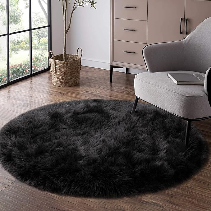 Faux Fur Rug for Bedroom, Black Fluffy Round Rug for Kids Room, Small Furry Circle Rugs 3X3, Soft Shag Circular Rug for Nursery, Fuzzy Plush Floor Carpet, Cute Indoor Decor for Gilrs Teen's Dorm