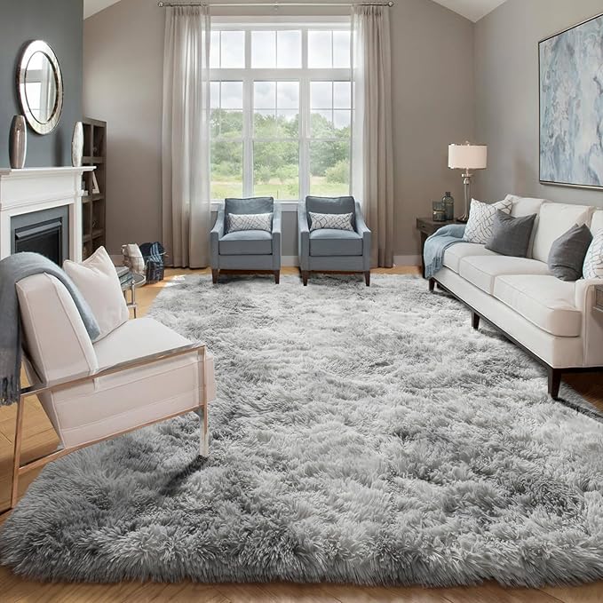 ONASAR Rugs for Living Room Bedroom, 5x8 Fluffy Tie-Dyed Light Grey Bedside Area Rug, Soft Plush Shaggy Floor Carpet for Nursery Kids Girls Boys Teen Dorm Home Office Decor Aesthetic
