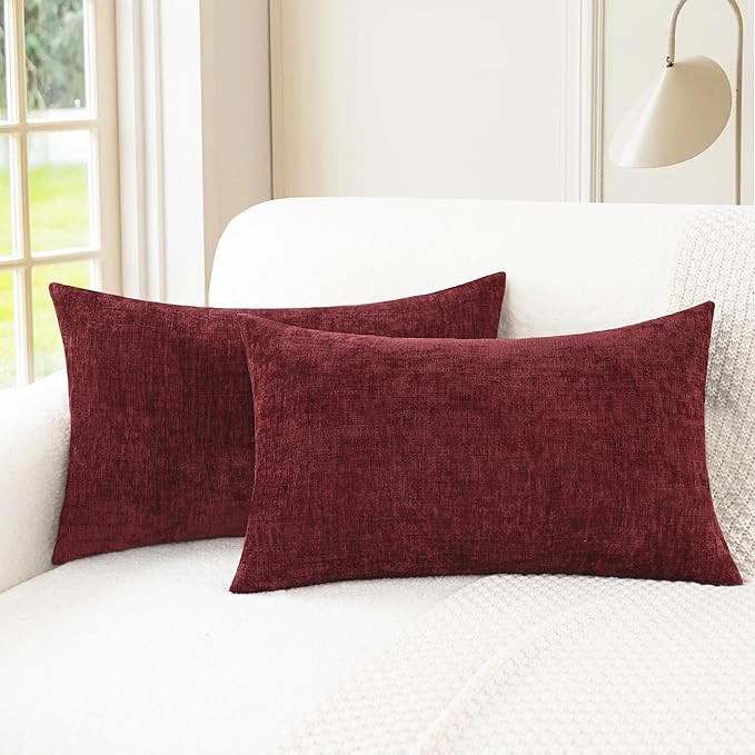 CaliTime Christmas Throw Pillow Covers Decorative 16 X 26 Inches Pack of 2 Cozy Chenille Cushion Cases for Couch Sofa Bed Living Room Home Burgundy
