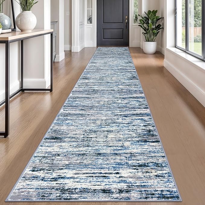 Lansny Modern Abstract Runner Rug 2.6x18, Grey Blue White Washable Long Kitchen Runner Non-Slip Soft Hallway Rug Runner Thin Print Faux Wool Carpet for Entryway Bedroom Laundry Room Indoor Home Decor