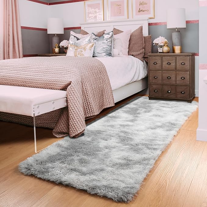 ONASAR 2x6 Runner Rugs for Bedroom Living Room, Fluffy Tie-Dyed Light Grey Bedside Hallway Throw Area Rug, Ultra Soft Plush Furry Floor Carpet Mat for Nursery Kids Dorm Closet Home Decor