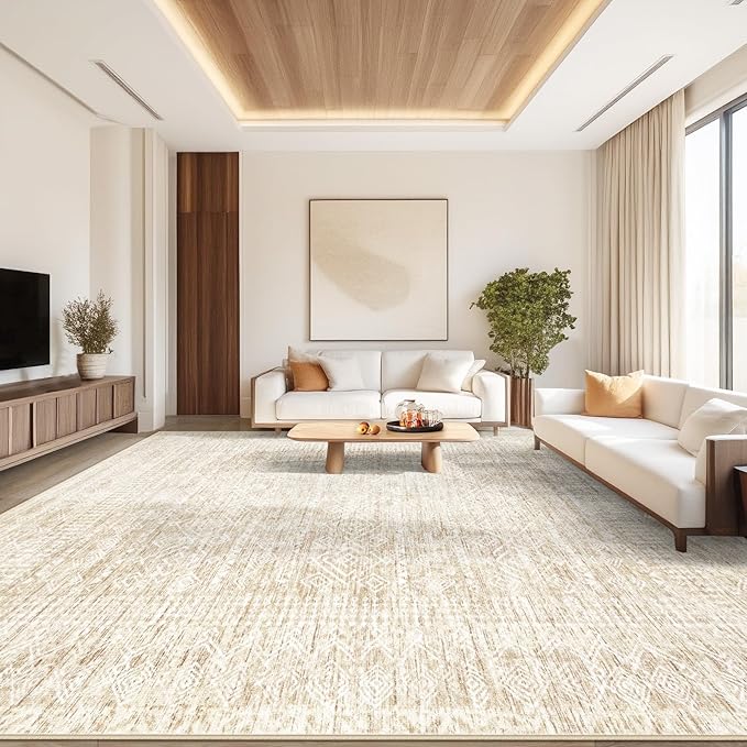 Living Room Rugs 9x12: Washable Moroccan Geometric Boho Rug Farmhouse Non Slip Stain Resistant Large Rug Low Pile Soft Carpet for Bedroom Dining Room Children Room (Beige,9'x12')