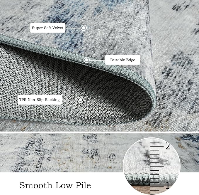 Toneed Abstract Area Rug Modern Washable Rug Soft Non Slip Rug Low Pile for Bedroom Living Room Dining Room Blue/White 3x5 Feet