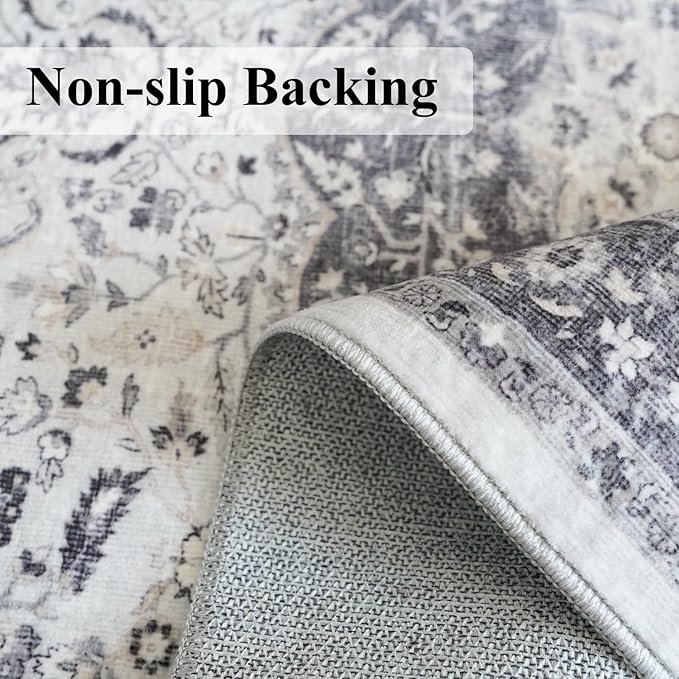 Hallway 4x8 Washable Runner Rug: Oriental Stain Resistant Entryway Kitchen Rug Farmhouse Soft Carpet for Bathroom Bedroom Thin Laundry Room Floor Mat with Non Slip Backing for Pets Family(4x8,Grey)