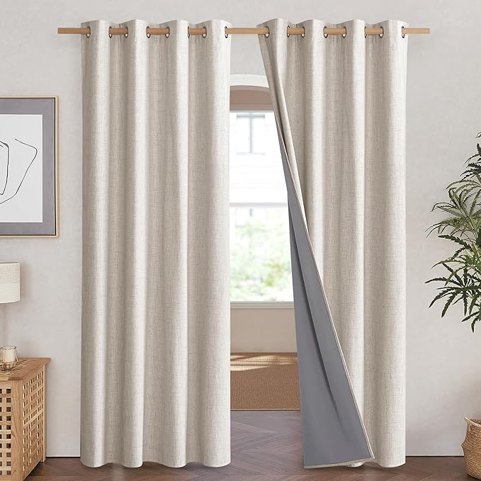 NICETOWN Brich Vintage Open Linen Weave Flax Thermal Curtains, 100% Blackout Curtains 90" Long for Dining Room, Soundproof Window Treatment Drapes for Home Cinema, 52" Wide Per Panel, Set of 2