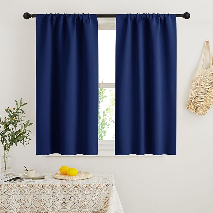 RYB HOME Blackout French Door Window Curtain Covering, Rod Pocket Thermal Insulated Privacy Non See Through Drapes for Bathroom Window, Width 29 by Length 45, Marine Blue, 2 Panels