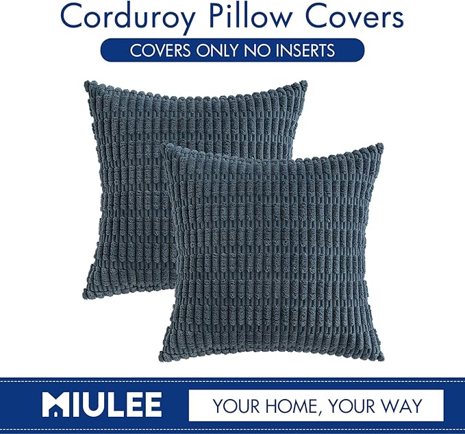 MIULEE Pack of 2 Corduroy Decorative Throw Pillow Covers 18x18 Inch Soft Boho Striped Pillow Covers Modern Farmhouse Home Decor for Summer Coastal Sofa Living Room Couch Bed Blue