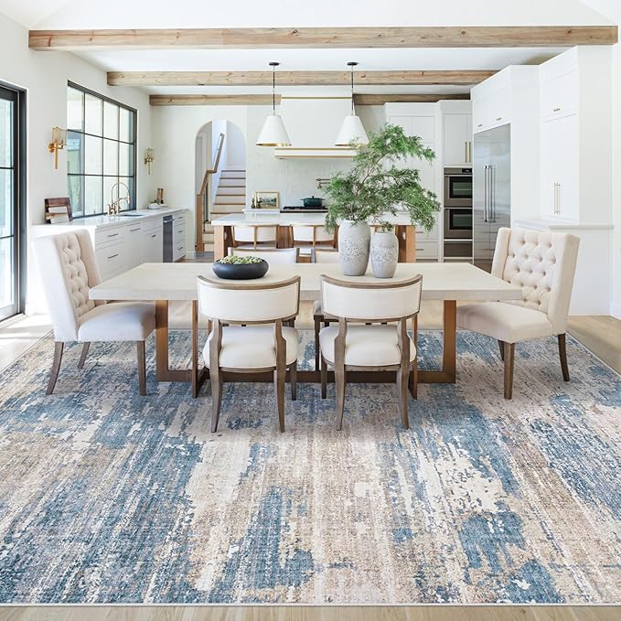 XLUEZ 8x10 Area Rugs for Living Room, Washable Modern Abstract Large Area Rug Neutral Soft Non Slip Kids Rug Stain Resistant Indoor Carpet for Bedroom Nursery Dining Room Playroom(BlueBeige, 8'x10')