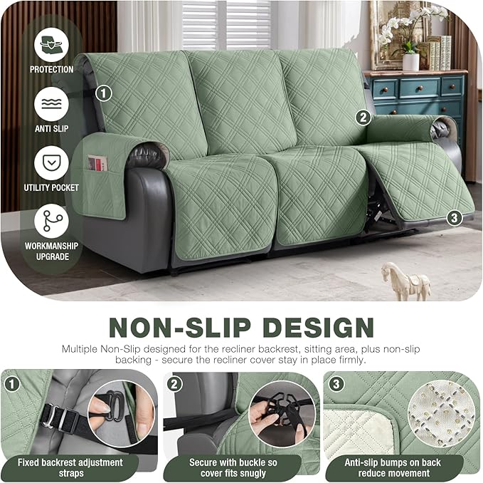 TAOCOCO 100% Waterproof Recliner Sofa Cover, Non Slip Split Couch Covers for Reclining Couches with Straps, Washable Reclining Sofa Cover Furniture Protector for Kids Pets(3 Seater, Sage Green)