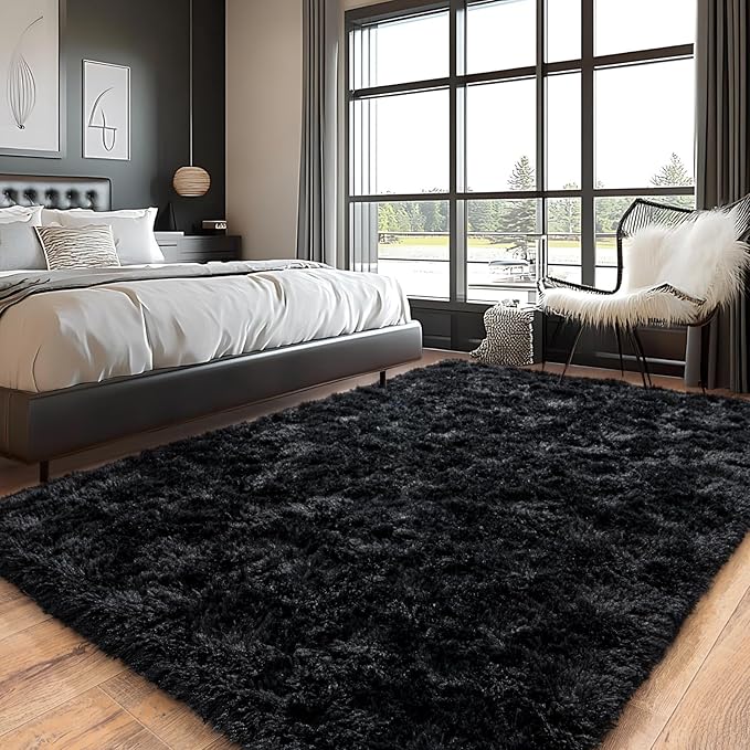 Pionblank Large Rug for Living Room 6x9 Feet, Modern Soft Shag Area Rug, Plush Fuzzy Carpet for Bedroom Girls Boys Room Home Nursery Teens Dorm Decor, Black