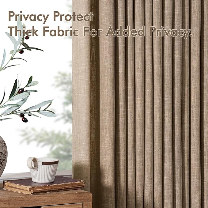 MIULEE Pinch Pleated Thick Linen Curtains 96 Inches Long 2 Panels for Living Room Bedroom, Linen Memory Trained Drapes Back Tab Light Filtering Country Farmhouse Burlap Brown Curtains with Hooks