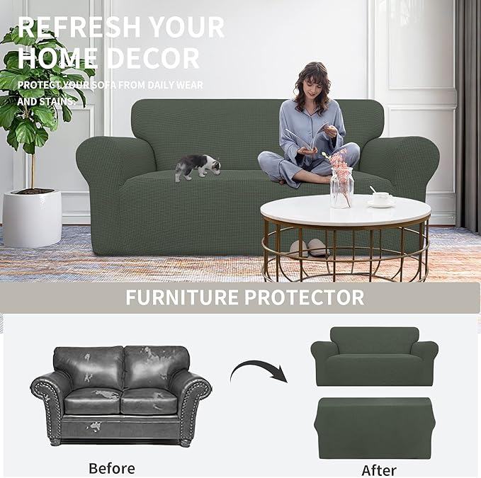 Easy-Going Stretch Oversized Loveseat Slipcover 1-Piece Sofa Cover Furniture Protector Couch Soft with Elastic Bottom for Kids Polyester Spandex Jacquard Fabric Small Checks Olive Green