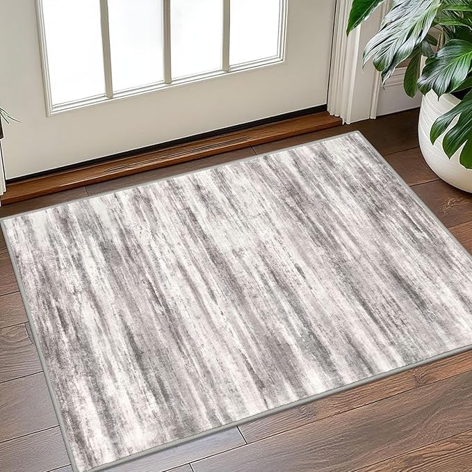 KOZYFLY Modern Abstract Small Area Rugs 2x3, Washable Kitchen Rug Non-Slip Soft Small Bathroom Rug, Grey/Light Beige/Brown Striped Entryway Rugs Abstract Print Faux Wool Doormat