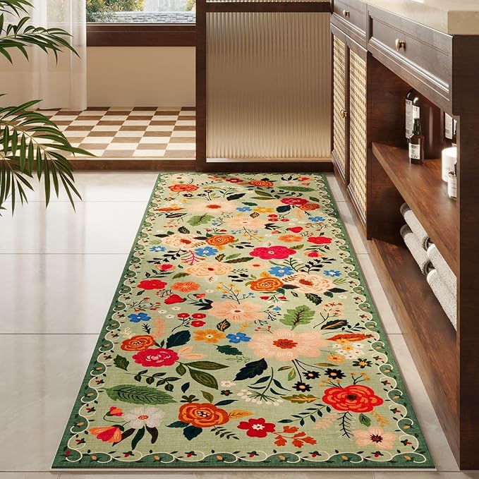 Rugcomf 2x5 Rug Runner - Floral Machine Washable Kitchen Rug, Non-Slip Low Pile Boho Carpet for Hallways, Laundry, Entryway, Bedroom, Bathroom - Green