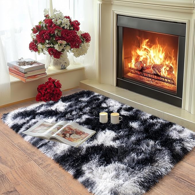 Pionblank Fluffy Small Rug for Bedroom 2x3 Feet, Shag Soft Area Rug, Modern Plush Carpet, Furry Cute Bedside Rug for Kids Girls Boys Room Nursery Decor, Black White