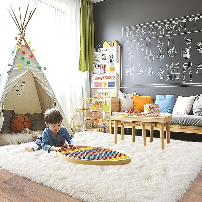 Pionblank 9x12 Area Rug, Large Area Rug for Living Room, Shag Rug for Bedroom, Soft Furry Non Slip Carpet for Kids Room Nursery Teens Dorm Home Decor, Cream White