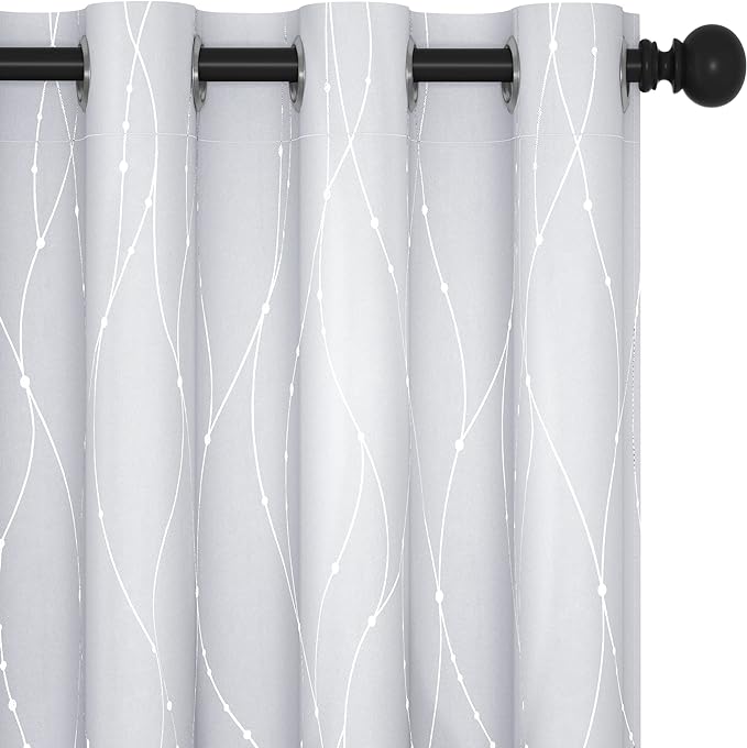 Deconovo Kitchen Curtains, Room Darkening Drapes, Thermal Insulated Soundproof Grommet Drape, Silver Wave Dots Print, 52 x 54 Inch, Machine Washable Window Panels for Small Windows Nursery, Set of 2