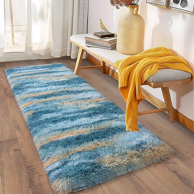 Soft Runner Rugs for Bedroom Hallways, 2x6 Abstract Blue Fluffy Shag Throw Area Rug Non Slip for Bedside Dorm, Long Shaggy Furry Carpet for Nursery Living Room