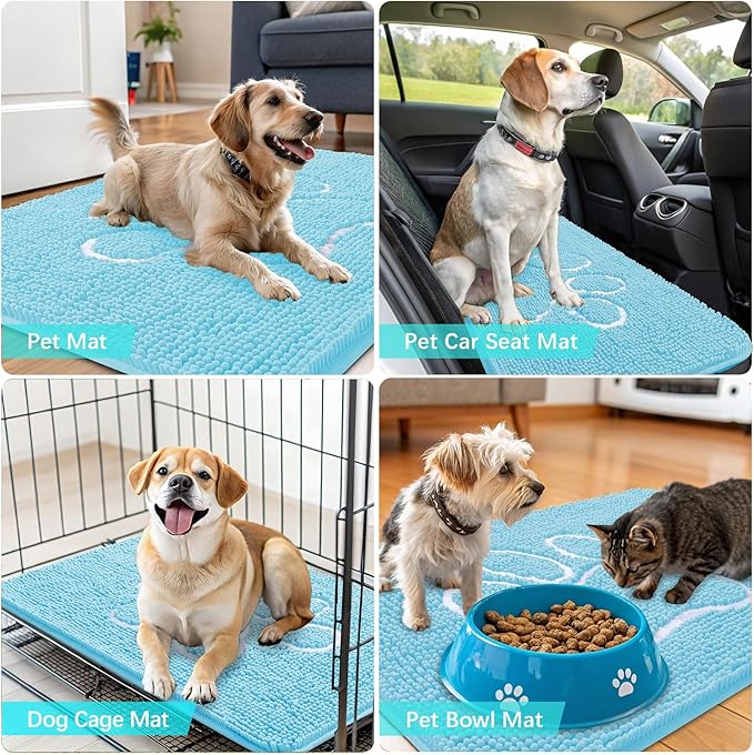 OLANLY Dog Door Mat for Muddy Paws 48x30, Paw Print Design, Absorbs Moisture and Dirt, Absorbent Non-Slip Washable Doormat, Quick Dry Chenille Mud Mat for Dogs, Entry Indoor Entryway Carpet, Blue