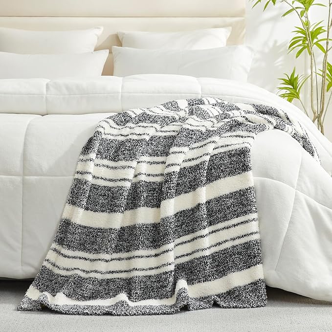 Snuggle Sac Heather Throw Blanket for Couch, Reversible Super Soft Blankets Warm Cozy Knit Fuzzy Plush Lightweight for Sofa, Bed, Camping, Picnic (Stripe Black, Queen (90"x90"))