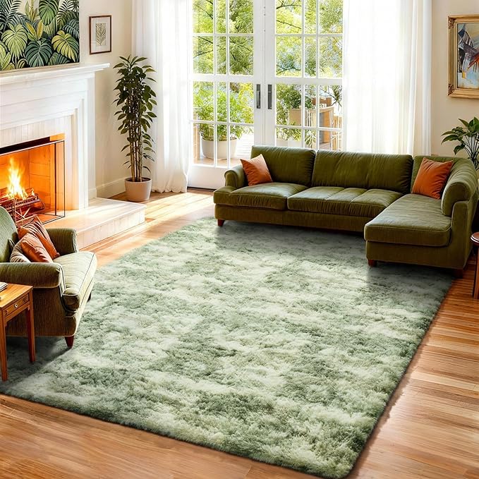 Ophanie Green and White Area Rugs for Living Room 5x7, Fluffy Shag Large Fuzzy Plush Soft Carpets, Floor Shaggy Rugs for Bedroom, Carpet for Kids Boys Girls Dorm Nursery Home Decor Aesthetic