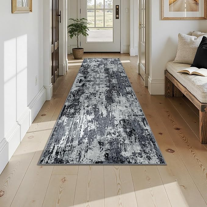Washable Area Rugs 2'6''x10 Non-Slip Modern Abstract Soft for Living Room Entryway Bedroom Nursery, Print Pattern, Black Navy Blue Gray